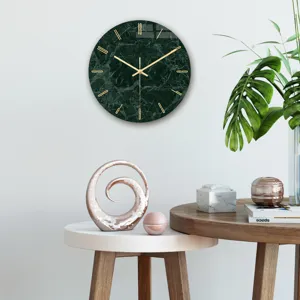 Modern green marble wall clock with gold hands, stylish acrylic clock for living room decor.