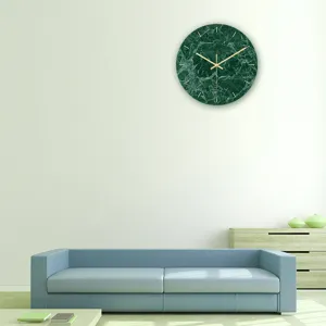 Minimalist dark green marble wall clock detail, modern acrylic silent clock for living room decor.