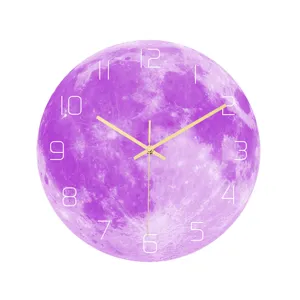 Purple luminous moon wall clock acrylic planet design for bedroom living room decor