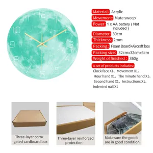Orologio da parete luna luminosa 30cm acrilico movimento silenzioso decorazione camera