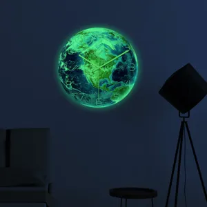 Orologio da parete Terra luminosa, orologio pianeta acrilico fluorescente per camera e soggiorno.