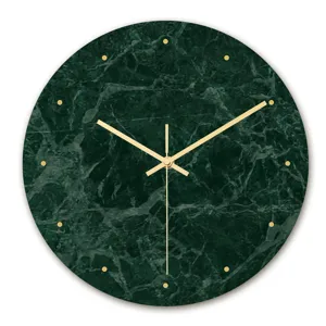 Modern simple green marble wall clock with gold hands, elegant round clock for living room decor.