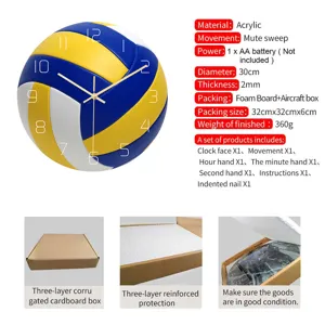 Volleyball wall clock acrylic silent movement decorative clock for bedroom living room 30cm