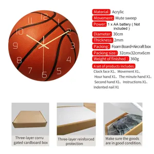 Acrylic basketball wall clock silent sweep movement modern home decor 30cm diameter.