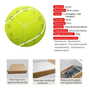 Dettaglio orologio parete tennis acrilico, 30cm movimento silenzioso, imballo protettivo.