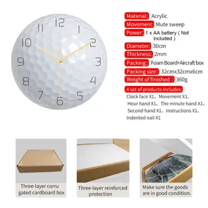 Golf ball wall clock detail showing acrylic material, 30cm diameter, and safe packaging.