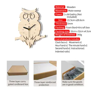 Reloj de pared de búho de madera en detalle con movimiento silencioso, medidas y caja.