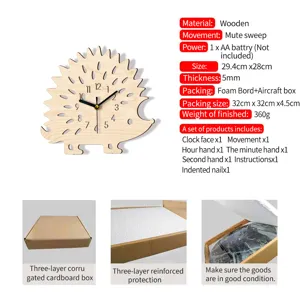 Wooden hedgehog wall clock detail view showing silent movement, 29.4x28cm size and box.