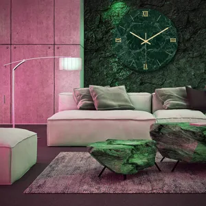 Interior scene detail featuring a luxury green marble wall clock with gold Roman numerals and hands.