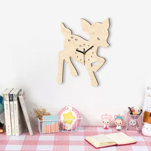 Wooden deer wall clock detail scene, minimalist animal design with silent sweep clock movement.
