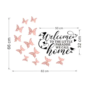 3D acrylic mirror wall sticker with welcome home letters and butterflies design for home decor.