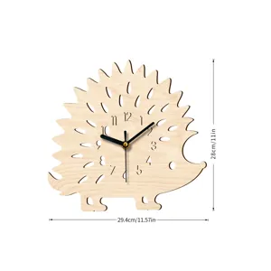 Wooden hedgehog wall clock with silent sweep movement, cute animal design for home decor.