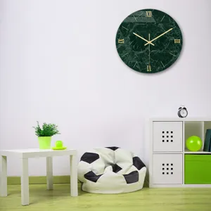 Modern green marble wall clock with gold roman numerals, silent sweep for decor.