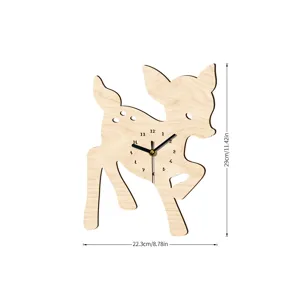 Wooden deer wall clock detail showing product dimensions and unique animal silhouette shape.