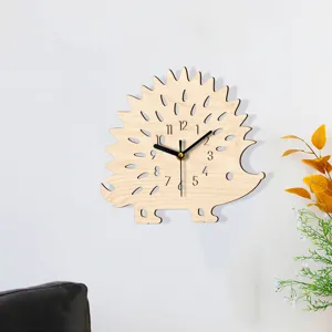 Wooden hedgehog wall clock detail, silent sweep movement, cute animal decor for home.