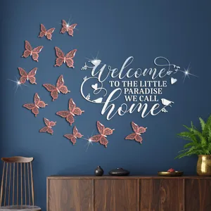 3D acrylic mirror wall sticker with welcome home text and butterflies for living room decor.