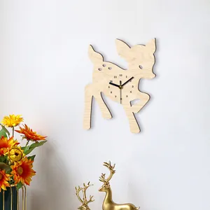 Wooden deer wall clock detail shot, silent sweep movement, cute animal shaped home decor.