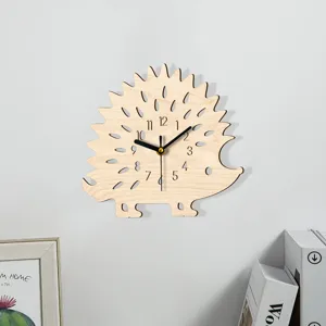 Wooden hedgehog wall clock with pointer display, silent movement, cute home decor item.