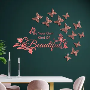Rose gold acrylic 3D mirror butterfly wall stickers with inspirational quote for home decor