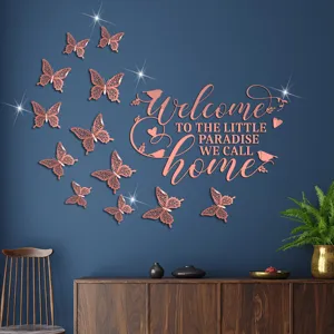 Acrylic mirror wall sticker with welcome home quote and hollow butterflies for room decor.