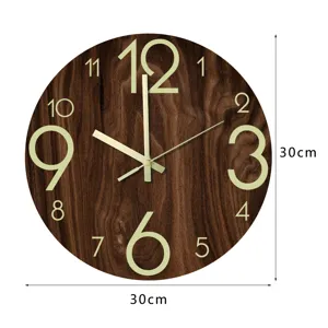 Luminous wood grain wall clock with 30cm diameter, silent movement and glowing night numbers.
