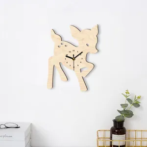Wooden fawn wall clock silent sweep movement cute animal shape nursery decor battery operated