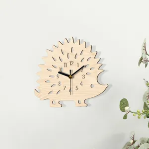 Wooden hedgehog wall clock with silent sweep movement, cute animal design for home decor.
