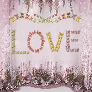 Detailed scene showcasing 3D double layer metallic hollow butterfly wall stickers in love shape.