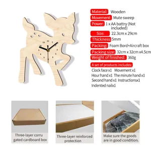 Wooden deer wall clock silent movement animal shape home decor battery operated 22.3x29cm