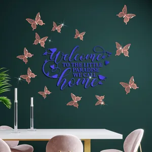 Acrylic 3D mirror wall sticker set with welcome home text and butterflies for home decor detail view.