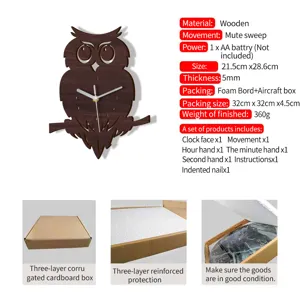 Reloj de pared de búho de madera con movimiento silencioso, bonito diseño animal para el hogar.