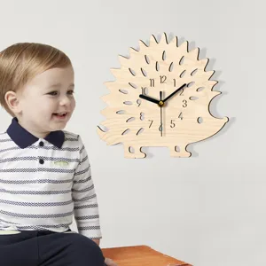 Wooden hedgehog wall clock with silent movement and cute animal shape for kids room decor.