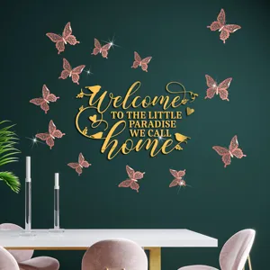 Acrylic mirror wall sticker DIY home decor with welcome letters and pink butterflies.