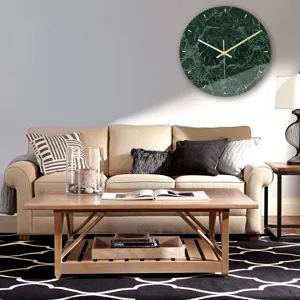 Minimalist acrylic wall clock with green marble texture and golden hands for modern room decor.