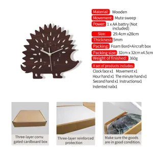Wooden hedgehog wall clock detail showing size parameters, movement specs and protective packaging.