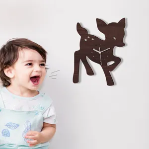 Wooden deer wall clock for kids room with silent sweep movement and cute animal shape
