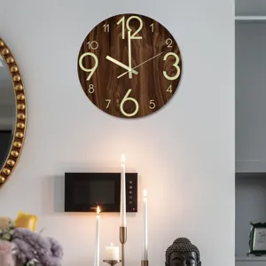 Wooden luminous wall clock with luminous numbers and silent movement for bedroom decor.
