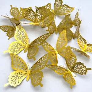 Metallic 3D hollow butterfly wall stickers 12pcs gold decor for home wedding background.