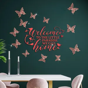 Acrylic mirror welcome home wall sticker with butterflies for home living room decor.