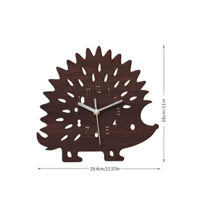 Wooden hedgehog wall clock with silent sweep movement, cute animal decor for home living room.