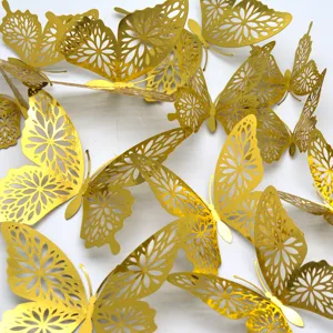 Gold 3D hollow butterfly wall stickers 12pcs metallic decor for home living room bedroom