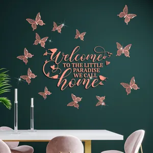 Rose gold acrylic mirror 3D wall stickers with welcome quote and butterflies for home decor.