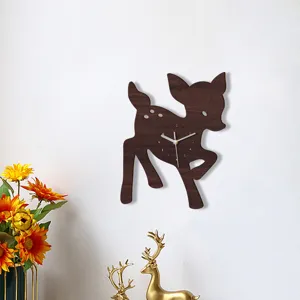 Wooden deer wall clock detail, featuring animal shape and silent pointer movement.