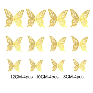 12 Pcs 3D Metallic Hollow Butterfly Wall Stickers Gold Home Wedding Party Decor 12cm 10cm 8cm