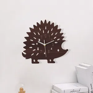Wooden hedgehog wall clock with silent sweep movement, cute animal design for home decor.