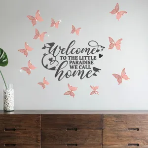 Acrylic mirror wall sticker with welcome home text and pink butterflies for home decor.