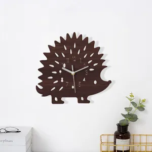 Wooden hedgehog wall clock with silent movement, creative animal shape clock for home decor.