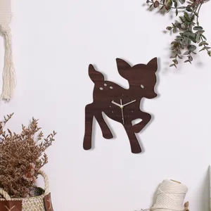 Wooden deer wall clock silent sweep movement cute animal design for home bedroom decor