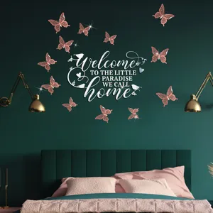 3D acrylic mirror wall sticker with welcome home letters and butterflies for bedroom decor.