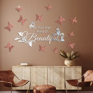 Acrylic mirror wall stickers with butterfly and motivational English quote for home decor
